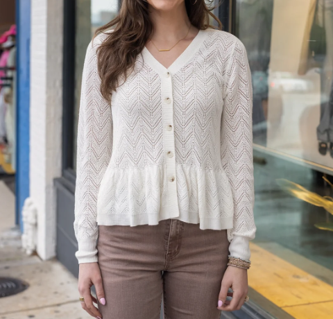 White Chevron‑Pointelle Knit Cardigan