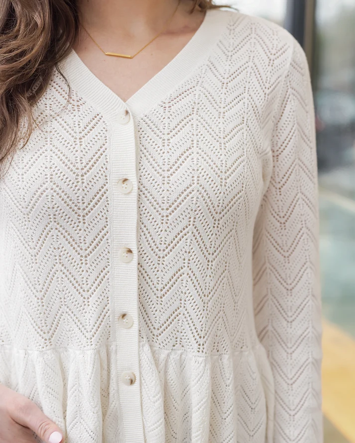 White Chevron‑Pointelle Knit Cardigan