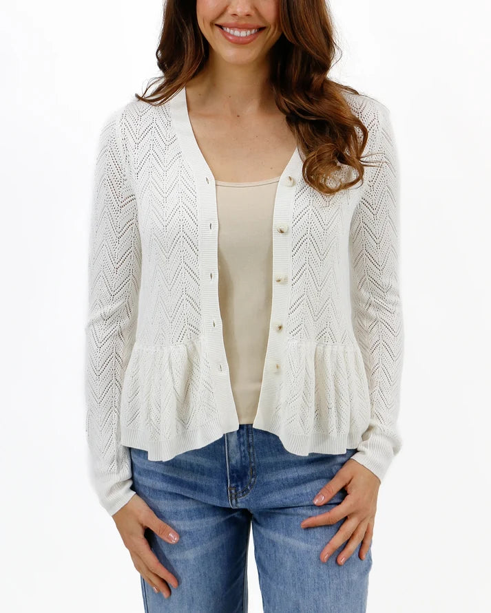 White Chevron‑Pointelle Knit Cardigan