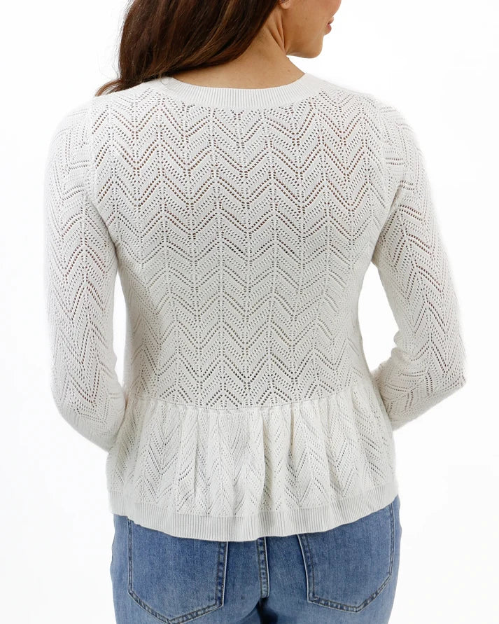 White Chevron‑Pointelle Knit Cardigan