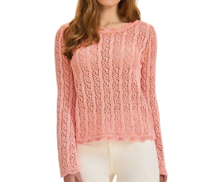 Scalloped Crew‑Neck Pointelle Knit Top