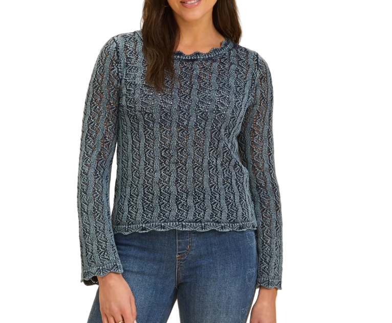 Scalloped Crew‑Neck Pointelle Knit Top