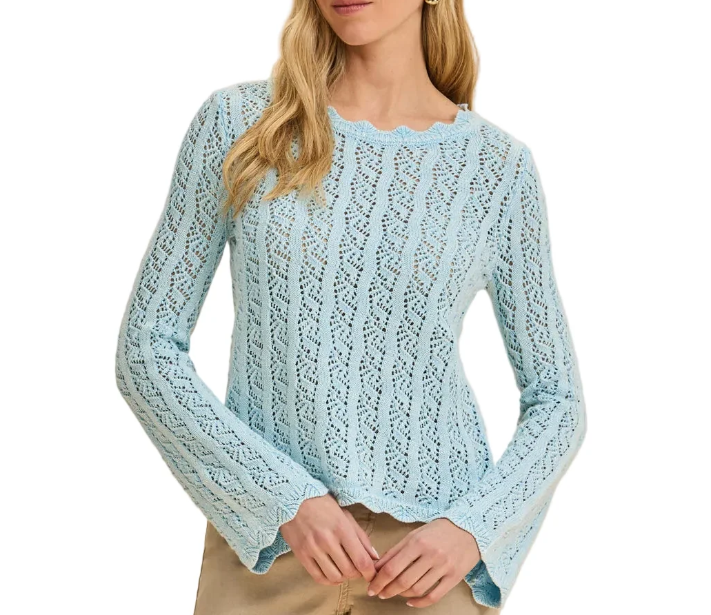 Scalloped Crew‑Neck Pointelle Knit Top