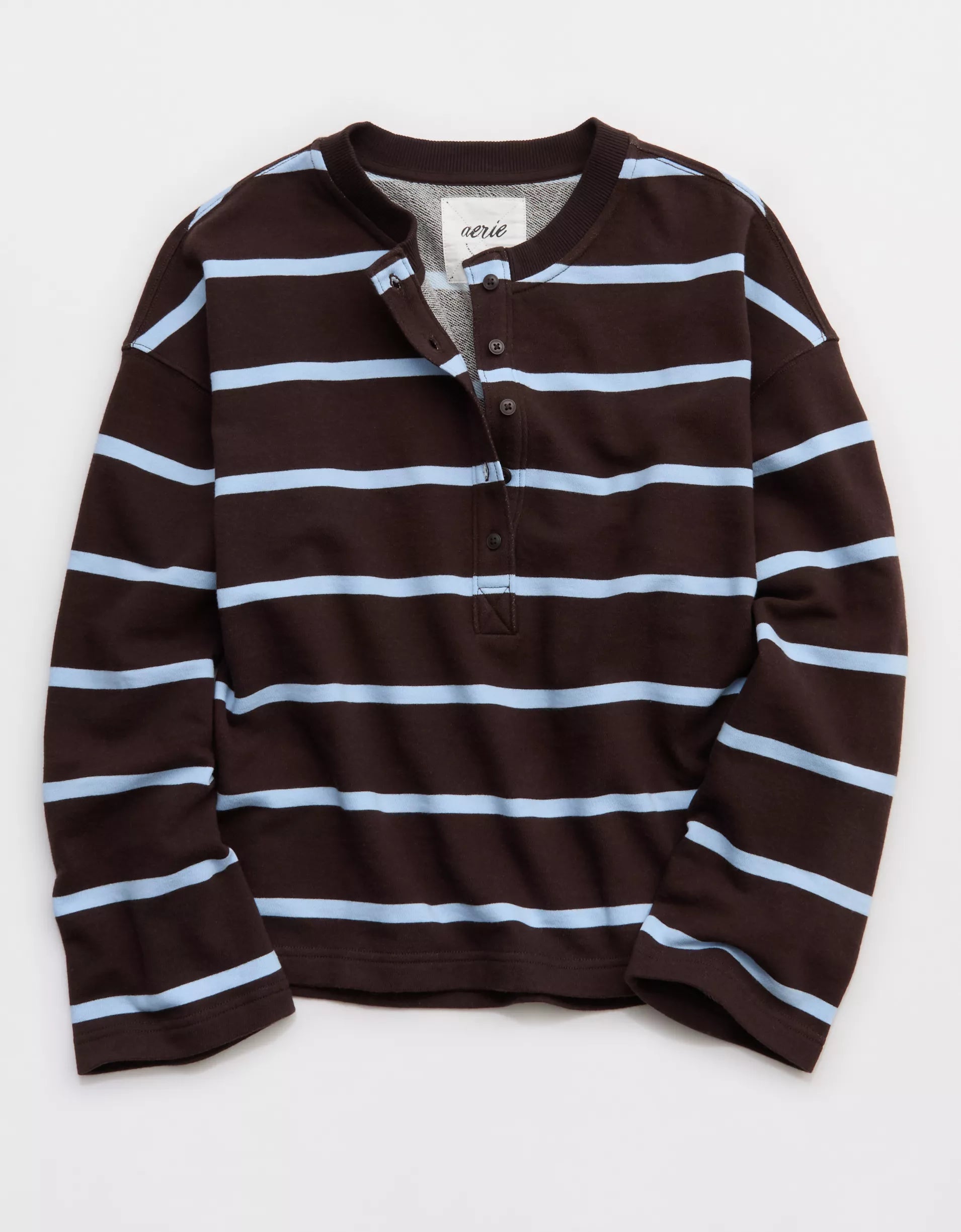 Brown‑Blue Stripe Henley Long‑Sleeve Knit Top
