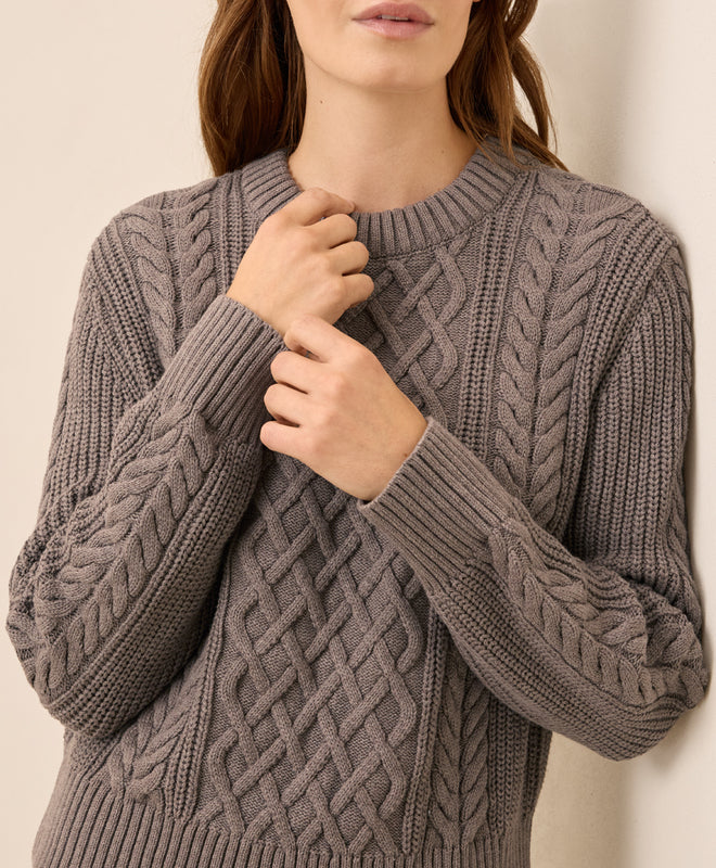 Vintage Cable‑Knit Crew Neck Cropped Sweater