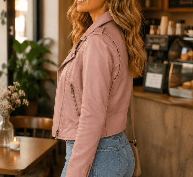 Dusty Pink Cropped Faux Leather Biker Jacket for Women