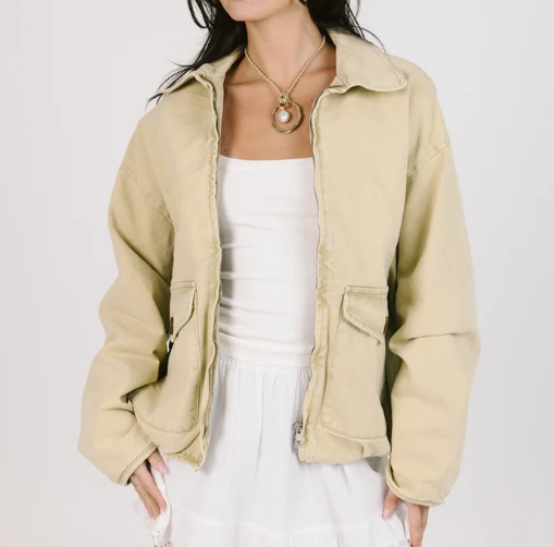 Beige Washed Utility Cropped Jacket for Women